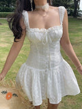 KYLETHOMASW  -  Spicy Girls White Summer Square Neck Tie Front Corset Waist Eyelet Ruffle Hem Mini Dress Women Girls Vacation Party Daily Wear