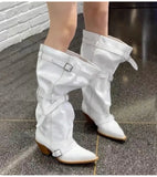 KYLETHOMASW  -  Vintage Pleated Belt Buckle Faux Suede Women Knee High Boots Autumn Winter Fashion High heels Western Cowboy Knight Boots Shoes