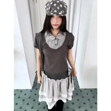 KYLETHOMASW  -  American Retro Daily Mixed Wear College Style Short Sleeved Top Casual Waist Cinched Pleated Half Skirts Autumn Y2k Vintage 2pcs