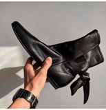 KYLETHOMASW  -  Autumn Winter Soft Leather Lace-up Women Ankle Boots Comfortable Flats Short Booties Fashion Bowknot Chelsea Boots Shoes Botas