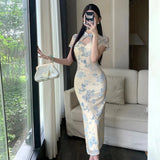 KYLETHOMASW  -  Chinese Style Jacquard Cheongsam Dress Women's Summer Sexy Short-sleeved Slim Fit Hip Wrap Long Dress Female Clothes