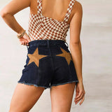 KYLETHOMASW  -  Vintage Women Contrast Five-point Star Patchwork Denim Flared Pants Baggy Dragging Jeans Trousers Chic Elegant Casual Short Pant