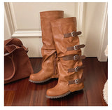 KYLETHOMASW  -  Women Knee-high Boots Summer 2025 Shoes Woman Knight Boots Woman Designer Buckle Chelsea Long Botas Pu Leather Motorcycle Shoes