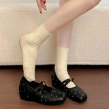 KYLETHOMASW  -  Women Square Toe Rhinestone Mary Janes Cross Strap Buckle Flat Shoes Sweet Vintage Casual Daily Fashion Ladies Walking Pumps