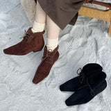 KYLETHOMASW  -  Autumn Winter Lace Up Short Fluffy Warm Women's Ankle Boots Comfort Square Toe Chunky Suede Short Boots Low Heels Party Shoes