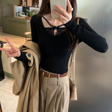 KYLETHOMASW  -  Y2k Sexy Solid Lace Patchwork V Neck Long Sleeve Slim Waist All Match Women's T-shirts