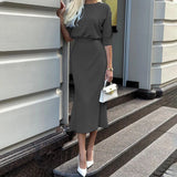 Kylethomasw Elegant O-Neck Half-Sleeved Slim-Fit Dress Spring Solid Color Simple Temperament Dress Fashion Commuter Hip Wrap Slim Long Dress