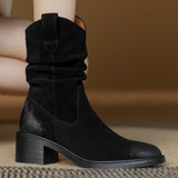 Kylethomasw   -  2024 autumn new women's natural suede leather gradient color side zip autumn mid-calf boots 5cm thick med heel pleated half boot