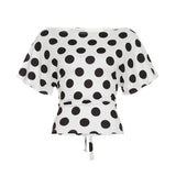 KYLETHOMASW  -  Polka Dot Short Skirt Set with Wide Shoulders, Narrow Waist Strap Design, T-shirt Flip Up, Low Waist, Hip Wrapping Skirt