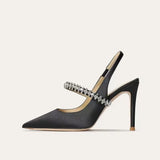 KYLETHOMASW  -  Silk Luxury Sexy Pointed Toe High Heels Womens Elegant Rhinestone Party Dress Ladies Brand Pumps Mules Sandals Zapatos De Mujer