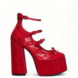 KYLETHOMASW  -  Women Sweet Lolita Floral Lace Platform Block Heel Pumps Triple Satin Mary Jane Straps Bow Round Toe Back Zip High Heels