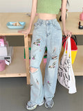 KYLETHOMASW  -   Women Embroidery Flowers Jeans Autumn  OL Hole Chic Loose Fashion Slim New Straight Denim Streetwear Pants