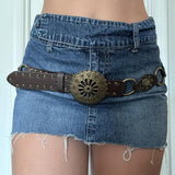 KYLETHOMASW  -  Retro metal disc sunflower hollow out chicken eye belt PU leather niche personality waist belt