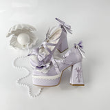 KYLETHOMASW  -  Lovely Girls Lolita High Heels Platform Shoes ,Young Women Students Sweet Pearl Lace Bowknots Embroidery Ankle Strap Mary Janes