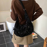 KYLETHOMASW  -  Women's Silver Sequin Crossbody Bag Drawstring Design Shiny Party Evening Casual Shoulder Bag Fashion Sparkly Handbag