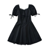 KYLETHOMASW  -  Women Lace Spliced Party Mini Vintage Dresses Puff Sleeve V Neck Low Waist A-line Summer Dress Lace Up Birthday Robe