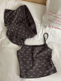 KYLETHOMASW  -  2Cute Bow Print Ribbed Loungewear Set Women Adjustable Thin Strap Tank Top Elastic Short Pants Daily Nightwear