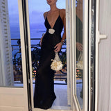 KYLETHOMASW  -  3D Flower Decro V Neck Low Cut Dress Elegant Sexy Backless Spaghetti Strap Long Dress Chic Women Club Party Holiday Vestidos