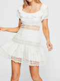 KYLETHOMASW  -  Women's White Off Shoulder Mini Dress Sweet Ruffle Tiered Crochet Waist Lace-up Gowns Summer Beach Dresses New Date Vestidos
