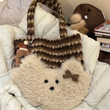 KYLETHOMASW  -  Patchwork Cute Fluffy Dog Contrast Color Striped Handbags Women Purses Y2k Aesthetic Sweet Cartoon Kawaii Shoulder Underarm Bag