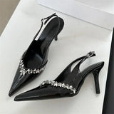 Kylethomasw Luxury Rhinestone Buckle Strap Women Pumps Sexy Pointed Toe Thin High Heels Fashion Slingbacks Heels Sandals Party Prom Shoes