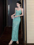KYLETHOMASW  -   Women's Sexy Green Evening Dresses Slim Backless V-Neck Split Gown Long Dress Fashion Robe Birthday Party Vestidos Spring Autumn