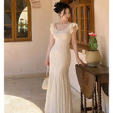 KYLETHOMASW  -  Summer French Style Lace Dress for Women Cap Sleeve Slim Fit Mermaid Long Dress Elegant Waist Cinching Delicate and Feminine New
