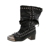 KYLETHOMASW  -  Vintage Thick Heel Women Knight Boots Fashion Ladies Metal Buckle Pleated Motorcycle Mid Calf Booties