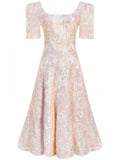 KYLETHOMASW  -  New Bubble Sleeve Pink Floral Waist Cinching 2025 Summer Women Printing Gentle French Slimming Temperament Long Dresses