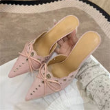 KYLETHOMASW  -  Pink Elegant Designer Hollow Out Pointed Toe Woman Slippers Fashion Thin Low Heels Mules Shoes Zapatos De Mujer