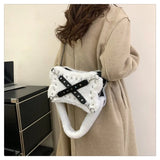 KIylethomasw Gothic Rivet Plush Shoulder Bag Women Y2k Grunge Winter Subculture Messenger Bag Purse Ladies Harajuku Aesthetic Handbag