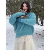 KYLETHOMASW  -  Autumn and Winter New Fashion Furry Blue Mink Fur Sweater for Women Round Neck Simple Loose Casual Knitted Pullovers Women Tops