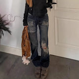 KYLETHOMASW  -  Women Punk Y2K Streetwear Jeans Rivet Ripped Distressed Straight Micro Flare Long Denim Trousers Loose Casual Ladies Pants