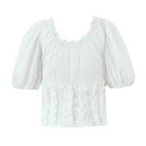 KYLETHOMASW  -  Sweet White Embroidery Hollow Out Hole Splice Lace Elastic U Collar Short Sleeve Shirt Women Center Buttons Slim Crop Tops