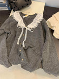 KYLETHOMASW  -  Sweet Fashion Kawaii Sweater Gray Lace Doll Neck Knit Cardigan Women's Clothing Autumn-winter Soft Lazy V-neck Coat