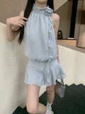 KYLETHOMASW  -   Women Dresses Sleeveless Striped Halter Flowers Ribbon Sweet Elegant Sexy Mini Dress Party Female Fashion Casual