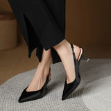 KYLETHOMASW  -  Elegant Slingback High Heels Sandals Woman Rear-Strap Shoes Ladies Office Dress Shiny Leather Pumps Pointed Toe Cut-Out Tacones