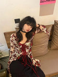 Kylethomasw Vintage Floral Print Blouse Female Gothic Style Red Flare Sleeve Mesh Transparent Shirt Women Slim Emo Lace-up Cardigan