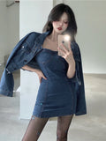 vKYLETHOMASW  -  High Street Denim Suit Women Spring New Short Coat Jacket Suspenders Tube Top Dress Korean Two-piece Set Ladies