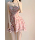KYLETHOMASW  -  Sweet New Pink Sexy Dress Sweet Fresh Style Fragmented Flowers Print Waist Wrapped Slim Student Summer Short Lovely