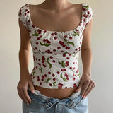 KYLETHOMASW  -  Sweet and fresh printed back strap with U-neck short top for girls, sexy and slim fit, backless versatile short sleeved shirt