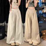 KYLETHOMASW  -  Summer High Waist Wide Leg Pants Women Clothing Japan Style Fashion Elastic Waist Bandage Baggy Black Khaki Long Pants