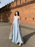 KYLETHOMASW  - Korean Summer New Blue Elegant Sexy Club Festival Backless V Neck Long Dress Women Sleeveless Holiday Loose Pleated Dress Simple