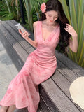 KYLETHOMASW  -  Women's Print Long Dresses Elegant V-neck Sleeveless Bodycon Evening Party Dress New Fashion Slim Waist Vestidos Mujer New Robe
