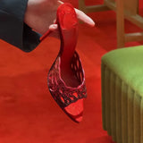 KYLETHOMASW  -  Women Elegant Red Suede Rhinestone Mule Sandals Hollow Cutout Point Toe Stiletto Slides Glitter Crystal Slip-On Heels