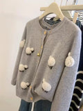 KYLETHOMASW  -  Sweet Hot Girl Three-dimensional Lamb Knitted Cardigan Women's Autumn-winter Thickened O-neck Long-sleeved Loose Sweater