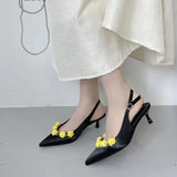 KYLETHOMASW  -  Pink High Heels Sexy Pointed Toe Slingback Shoes Summer Small Flower Low Heel Office Shoes Black Pumps White Talons Femme