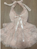 KYLETHOMASW  -  Women Sweet Mini Dress Halter Neck Polka Dot Ruffle Bow Lace Trim Slim Fit Suit Kawaii Lolita Style Summer Cute Girl Outfit 2025