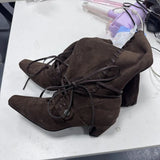 KYLETHOMASW  -  Autumn Winter Faux Suede Weave Lace-up Women Motorcycle Boots Fashion High heels Chelsea Western Mid-Calf Short Booties Shoes