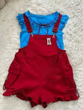 KYLETHOMASW  -  New Japanese Kawaii Women's 2 Piece Sets Vintage Y2k Blue Tops + Red Suspender Pants Fashion Female Chic Korean Popular Clothes